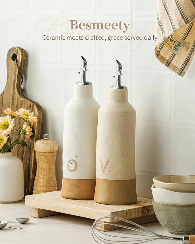 Besmeety 18oz Olive Oil Dispenser Bottle for Kitchen, Ceramic Oil and Vinegar Dispenser Set with Automatic Stainless Steel Pourer