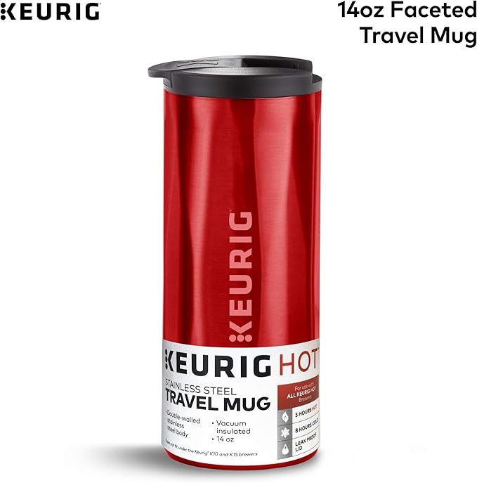 Keurig Coffee Travel Mug, Fits Under Any Keurig K-Cup Pod Coffee Maker, 14 oz, Red
