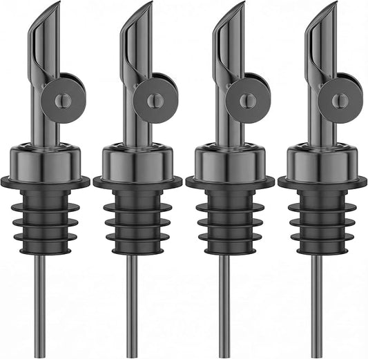 Auto Flip Liquor Pour Spouts 4-Pack, Leak-Proof 304 Stainless Steel Wine Pourer & Olive Oil Dispenser with Food-Grade Silicone for Kitchen, Bar, Restaurant (Black)