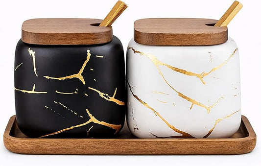 2 Sets of Marble Ceramic Seasoning Jars Ceramic Sugar Bowl with Lids，Tray and Spoons (Black and White)