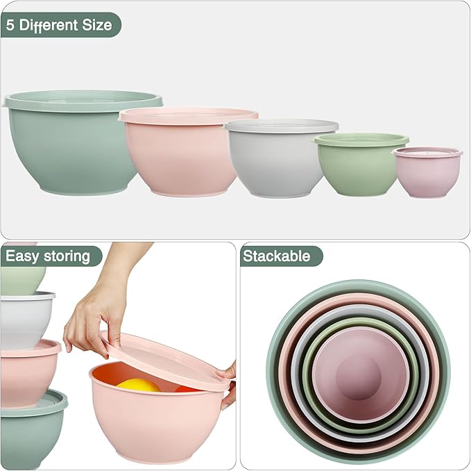 Plastic Mixing Bowls with Lids Set for Kitchen, Nesting Bowls for Mixing, Baking, Prepping, Cooking and Serving Food, Mixing Bowls Dishwasher, Microwave Safe(Pink)