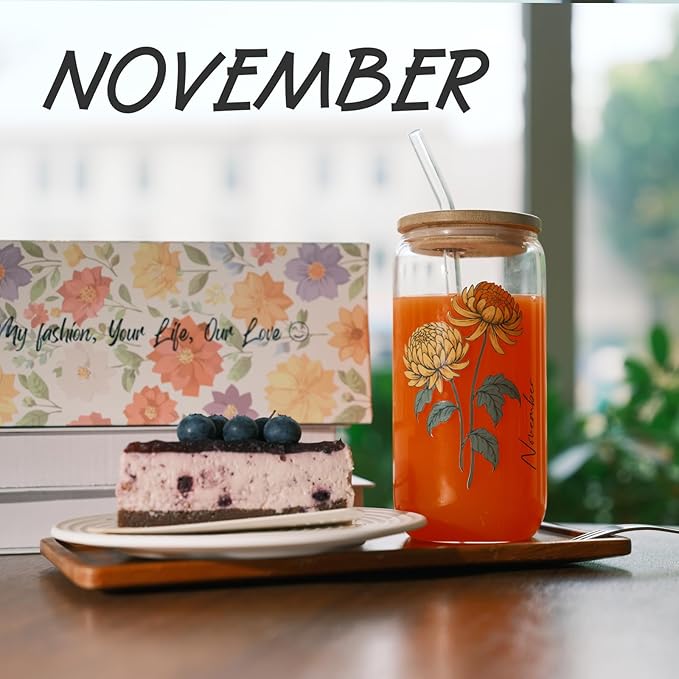 Birth Month Flower Iced Coffee Glass Cup 16oz Custom Tumbler Birthday Gifts Personalized Gifts for Women, Teachers, Bridesmaids, Birthdays, Mom, Valentines