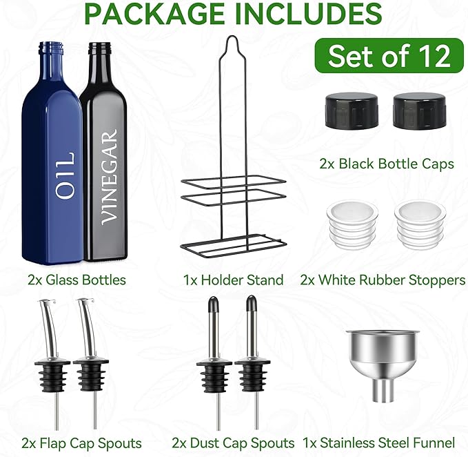 Vakoo Oil and Vinegar Dispenser Set - 17oz/500ml, Extra Thick Glass, Leak-Proof, Olive Oil Dispenser Bottle for Kitchen (Blue Black)