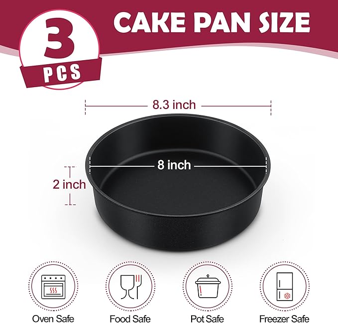 E-far 8 Inch Cake Pan Set of 3, Nonstick Round Baking Layer Cake Pans, Stainless Steel Core & Non-Toxic Coating, 2 Inch Deep (Black)