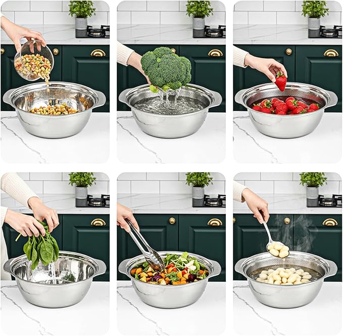 304 Stainless Steel Microporous Colander with Handle, 2QT Rice Washer Strainer with Mixing Bowl, Stainless Steel Colander for Kitchen, Microporous Strainer Set for Washing Vegetables Fruits Rice