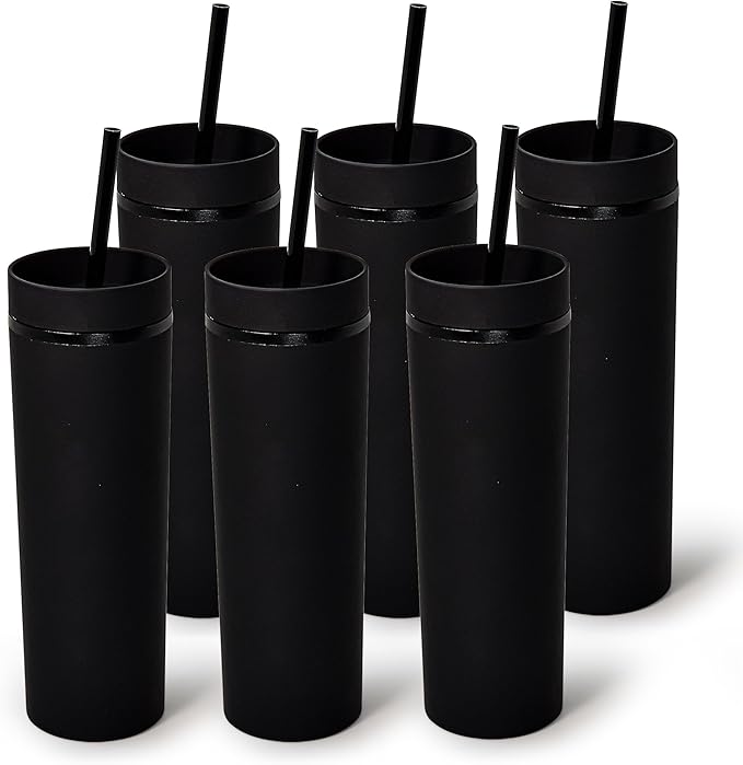 sweet grain Skinny Tumblers with Lids and Straws(6 Pack) - 16oz Matte Pastel Colored Skinny Acrylic Tumblers, Double Wall Plastic Tall Skinny Tumblers Bulk for Cold Hot Drinks - Black