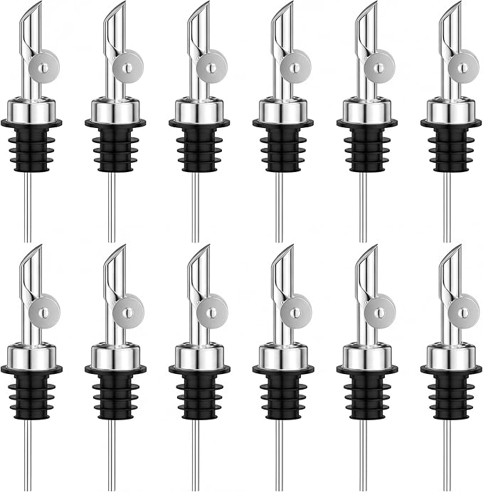 Auto Flip Liquor Pour Spouts 12-Pack, Leak-Proof 304 Stainless Steel Wine Pourer & Olive Oil Dispenser with Food-Grade Silicone for Kitchen, Bar, Restaurant (Silver)