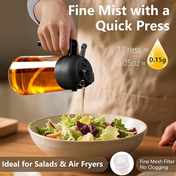 Olive Oil Sprayer for Cooking, 16oz/470ml Glass Oil Dispenser/Pour Bottle, Kitchen Accessories, Kitchen Gadgets for Air Fryer, Salad, BBQ, with Stickers (Black)