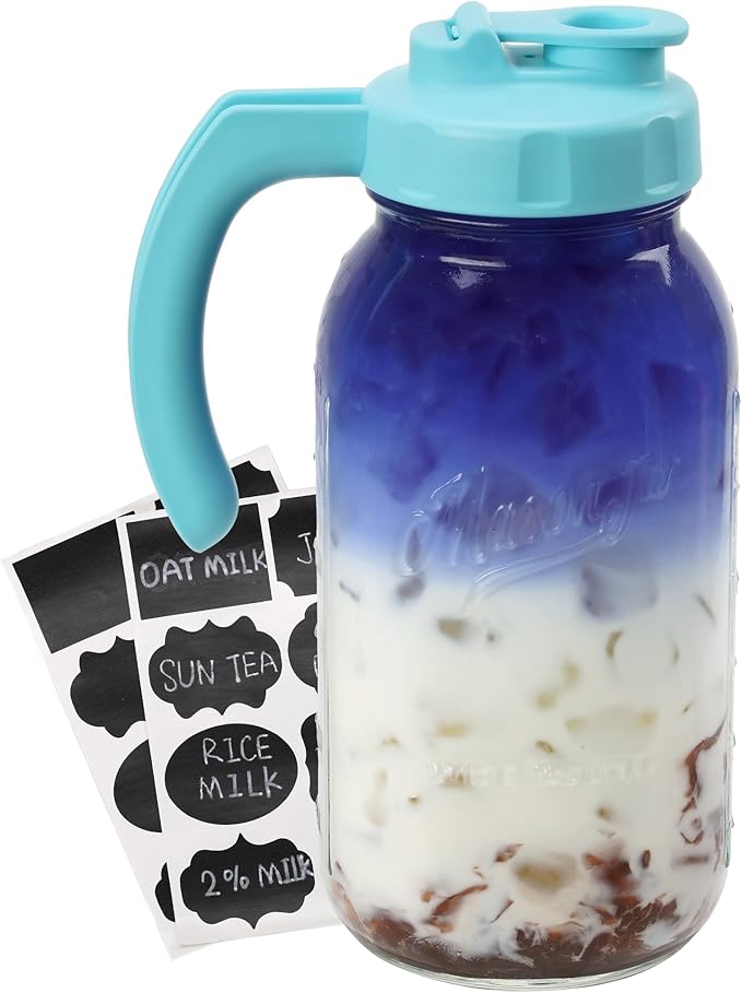 Soligt Glass Mason Jar Pitcher with Lid, Wide Mouth Flip Cap Pour Spout Leak-proof Lid with Handle, 64 oz (2 Quart / 1.9 Liter), for Iced Coffee/Sun Tea Juice/Cold Brew Coffee/Milk (1Pack, Baby Blue)