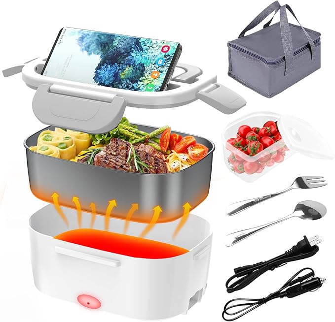 Electric Lunch Box, Food Warmer Heater 12V 24V 110V, 80W Faster Heated Lunch Box for Car/Truck/Home Portable Heating Boxes with 1.5L 304 SS Container Fork & Spoon, White+Gray