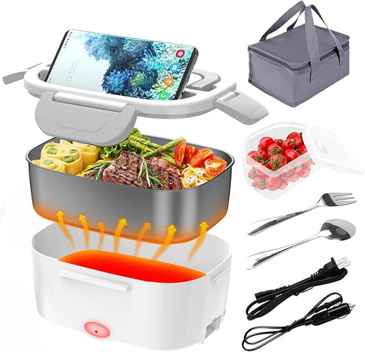 Electric Lunch Box, Food Warmer Heater 12V 24V 110V, 80W Faster Heated Lunch Box for Car/Truck/Home Portable Heating Boxes with 1.5L 304 SS Container Fork & Spoon, White+Gray