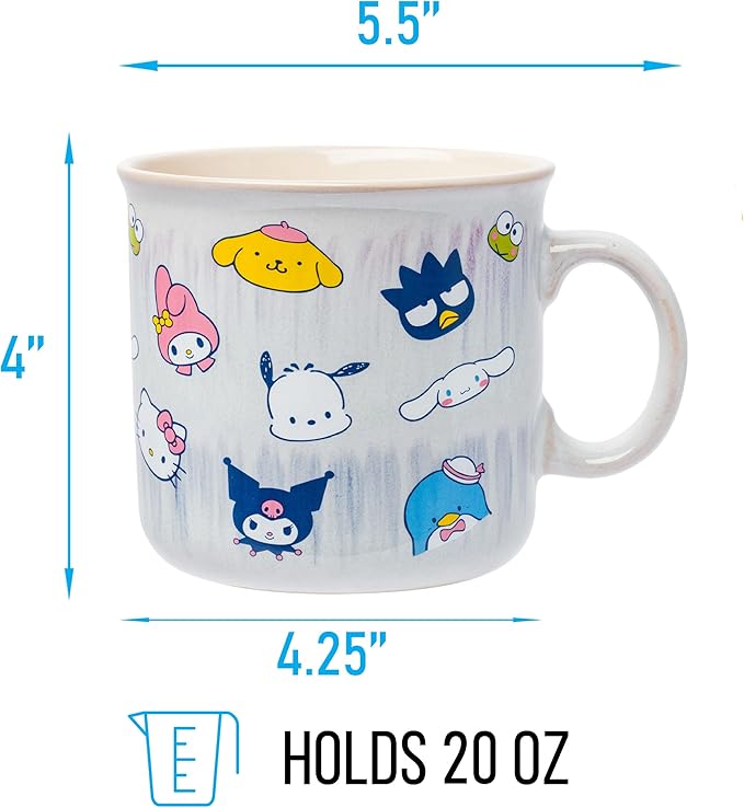 Silver Buffalo Sanrio Hello Kitty and Friends Featuring My Melody, Badtz-Maru, Pochacco, Keroppi, Pompompurin, Cinnamoroll, Kuromi, and Tuxedo Sam Reactive Glaze Ceramic Camper Mug, 20 Ounces