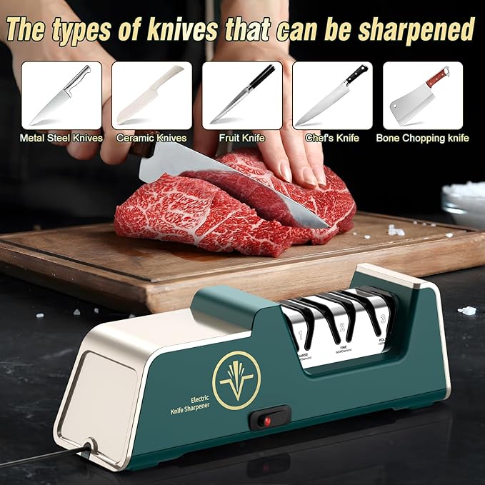 Professional Electric Knife Sharpener with 100% Diamond Abrasives, 3-Stage Precision Angle Guides, Champagne Gold, for Kitchen Straight Edge and Ceramic Knives