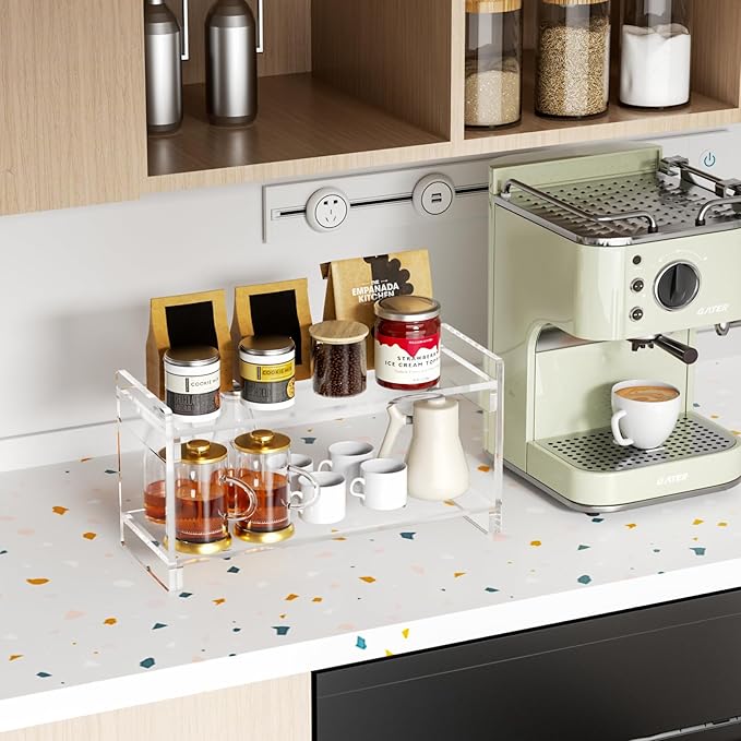 Coffee Station Organizer Countertup: Coffee Bar Accessories - 2 Tier Kitchen Acrylic Storage Shelf for Placing Mugs Beans Syrup Cups Stirrers
