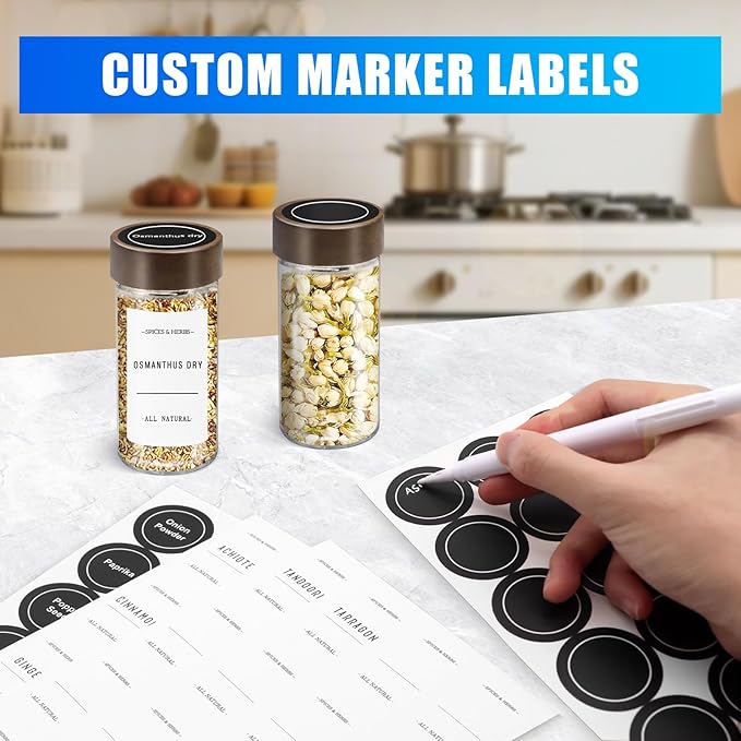 VIBRATITE 12 Pack Spice Jars with Acacia Lids, 4 oz Round Glass Jars Spice Containers Set with Labels, Pen, Funnel, Seasoning Storage Bottles with Shaker Lids for Rack, Cabinet, Drawer