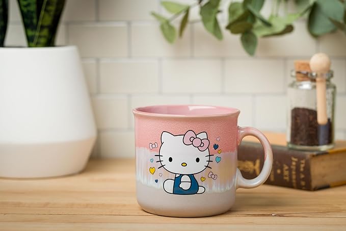 Silver Buffalo Sanrio Hello Kitty Sitting Hearts and Bows Reactive Glaze Ceramic Camper Mug, 20 Ounces