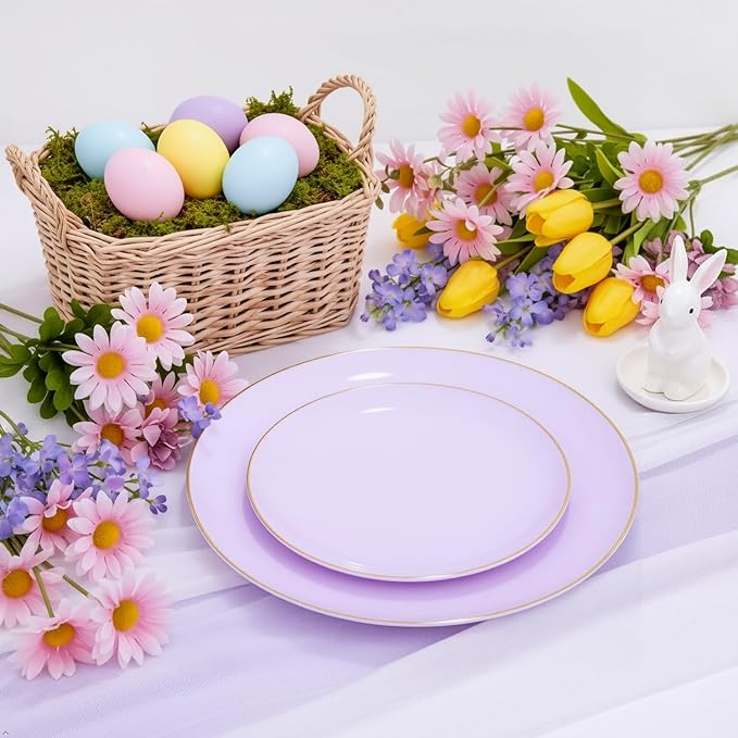 PULOTE 100PCS Purple Plastic Plates Disposable - Include 50 Dinner / 50 Dessert Plates Heavy Duty for Party, Wedding&Easter