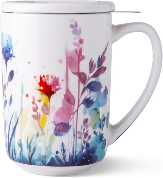 AmorArc Porcelain Tea Mug with Infuser and Lids, 18 Oz Large Cup Strainer with Bag Holder for Loose Leaf Tea, Steeping Coffee Mug for House-warming Wedding Birthday Gift