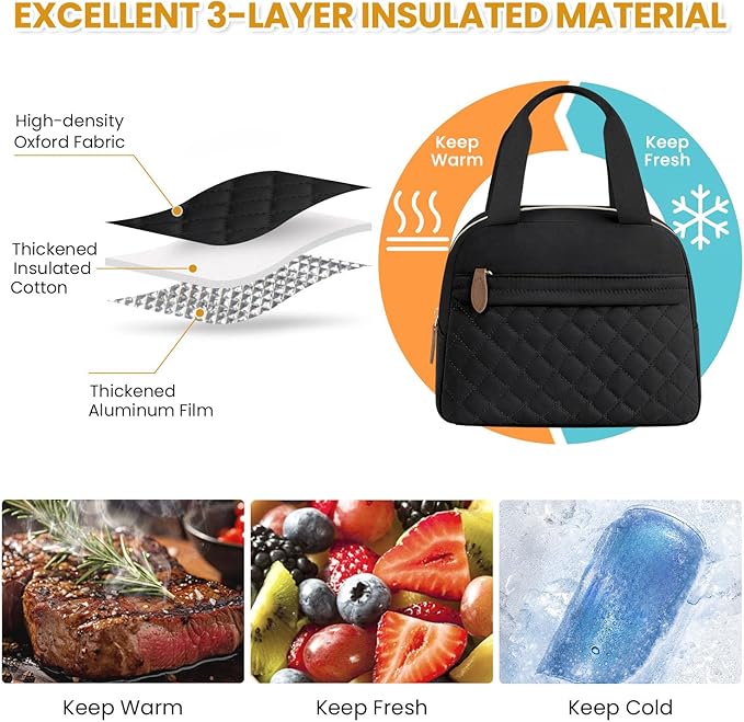 Insulated Lunch Bag for Women, Portable Lightweight Lunch Box for Adults, Reusable Small Lunch Tote Cooler Bags with Front Zipper Pocket for Work School Picnic(Black)
