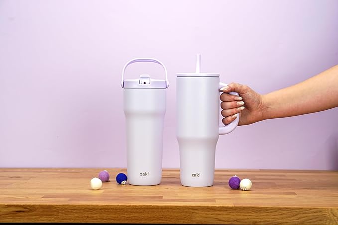 Zak Designs Sutton Travel Tumbler for On the Go, 40oz Stainless Steel with Vacuum Insulation, Silicone Straw, and Carry Handle for Cold Drinks (Smoky Lilac Purple)