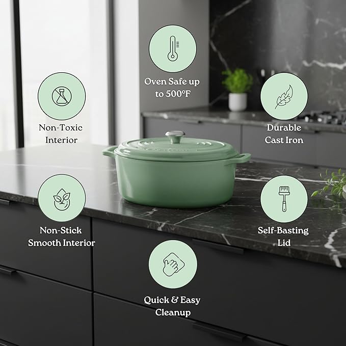 Signature Enameled Cast Iron Oval Dutch Oven | Non-Stick Serving Pot with Tight Fitting Lid for Perfect Roasting, Baking, Sauteing, and Bread Making | 6.75Q [Sage]