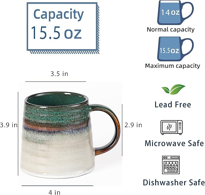 Large Ceramic Coffee Mug, Handmade Pottery Mugs, Tea Cups with Big Handle for Office and Home, 15.5 oz, Dishwasher and Microwave Safe (Ink Green)