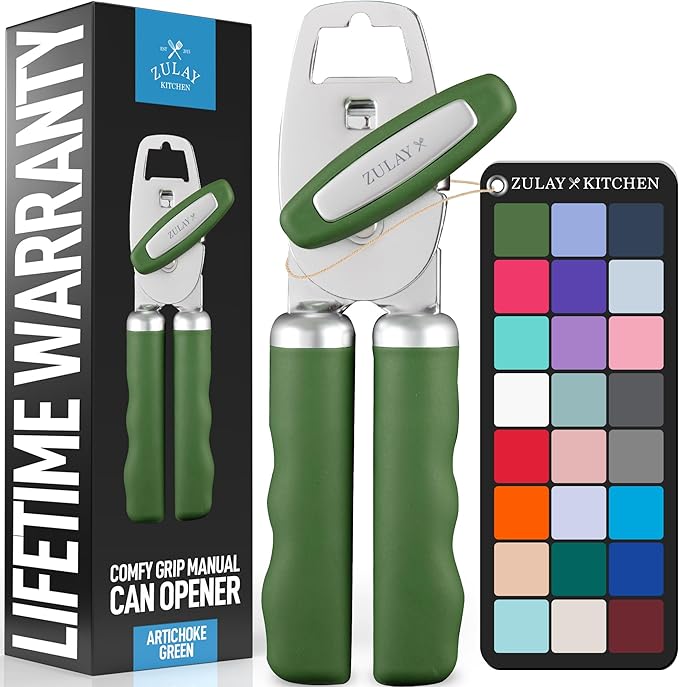 Zulay Kitchen Heavy Duty Stainless Steel Can Opener Manual with Bottle Opener - Rust Proof Manual Can Opener With Turn Knob & Comfy Soft Grip Handles - Artichoke Green