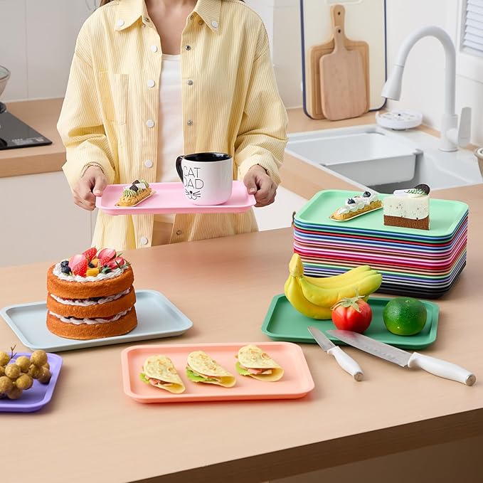 Mumufy 24 Pcs Plastic Fast Food Trays Bulk Colorful Restaurant Serving Trays Cafeteria Rectangular Plastic Serving Platter Grill for Kitchen Restaurant Coffee (Classic Color)