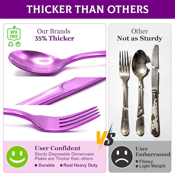 306 Pack Plastic Silverware Set - Heavy Duty Silverware Disposable Set - 102 Forks 102 Knives 102 Spoons Plastic Cutlery Disposable Utensils Set for Easter Party Dinner Wedding Gathering（Purple）