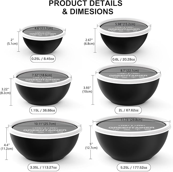 Plastic Mixing Bowls with Lids Set for Kitchen, Nesting Bowls for Mixing, Baking, Prepping, Cooking and Serving Food, Mixing Bowls Dishwasher, Microwave Safe (Black)