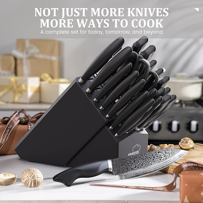 Amorston 22 Pieces Knife Set, Laser Engraved High Carbon Stainless Steel Knife Block Set, Full Tang Professional Kitchen Knife Set with Built-in Sharpener