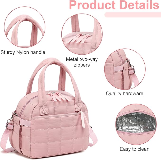 LEDAOU Lunch Box for Women Lunch bag Quilted Puffer Lunch Box with Adjustable Strap Insulated Reusable LunchBox for Work School Picnic Travel (Pink)