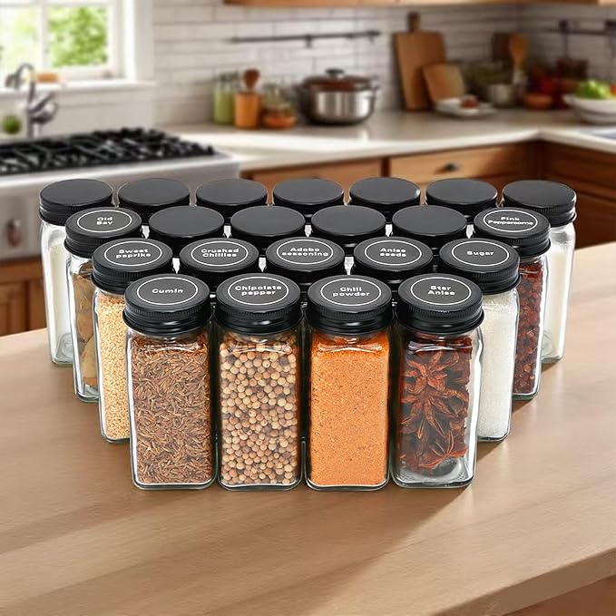 24pcs Spice Jars with180 Labels,Glass Spice Jars, Seasoning Containers,Seasoning Organizer,Include black metal lid, pen, grinder, stainless steel funnel, two type inner plugs
