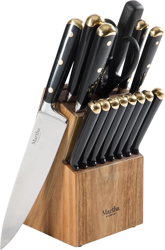Martha Stewart 16 Piece Lockton High Carbon Stainless Steel Cutlery Kitchen Knife Block Set W/ABS Triple Riveted Forged Handle Acacia Wood Block - Black W/Gold