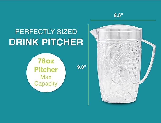 Arrow Home Products Clear Plastic Beverage Pitcher with Lid, 76 Ounce - Thick-Walled Fruit Design, Made in the USA - Fill with Ice Water, Iced Tea or Juice - BPA Free, Dishwasher Safe