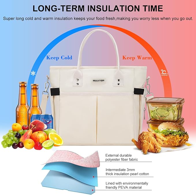 MAXTOP Lunch Bag Women for Work Insulated Thermal Lunch Box with Wide-Open Pocket Reusable Leakproof Cooler Bags with Removable Shoulder Strap for Teacher Nurse Office Picnic Travel XL-Beige