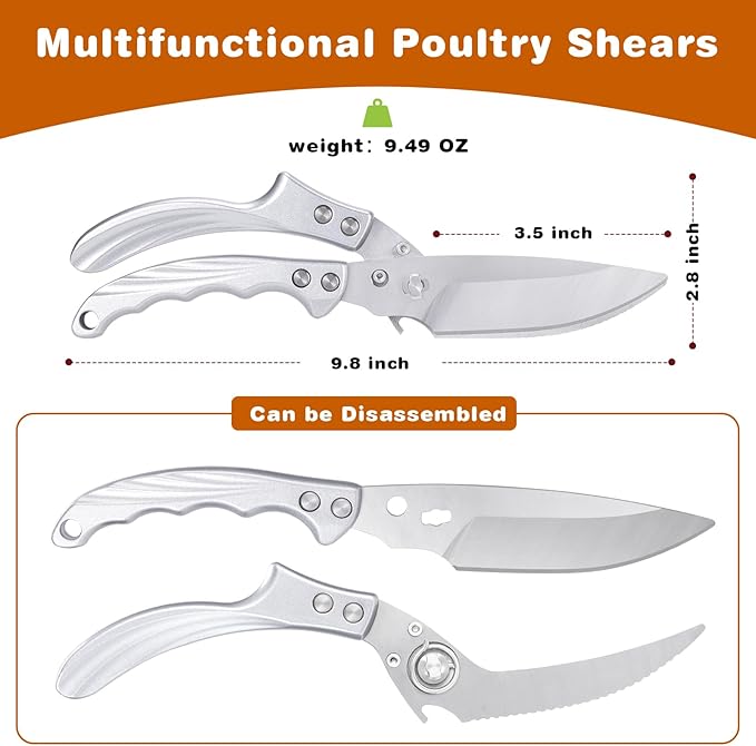 Kitchen Shears for food - Kitchen shears heavy duty Stainless Steel Poultry Shears for Meat Bones Seafood, All Purpose turkey shears, Detachable Blades, Ergonomic Handle, Dishwasher Safe Silver