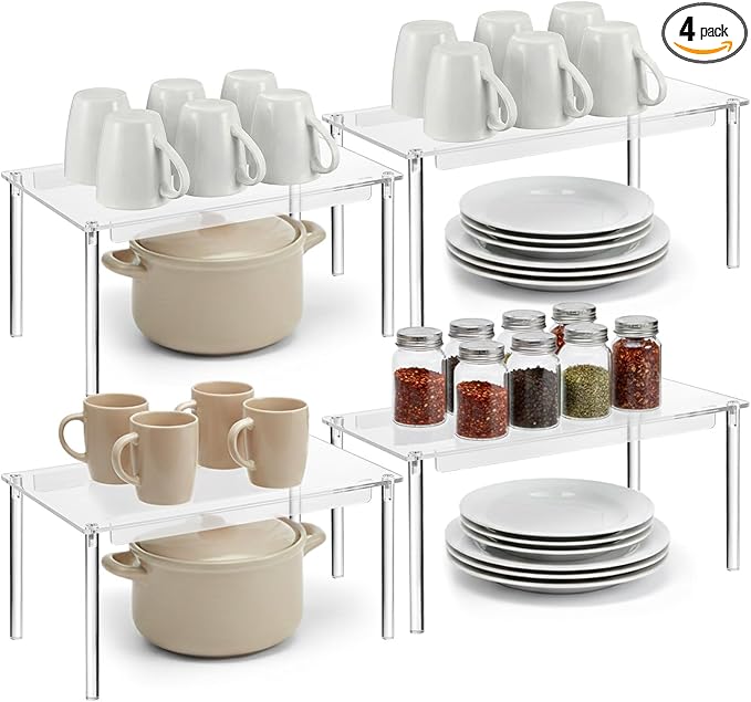 4 Pack Clear Kitchen Cabinet Organizer, Stackable Acrylic Tiered Spice Organization Display Shelf for Cabinet Shelf Desk Countertop Organizer