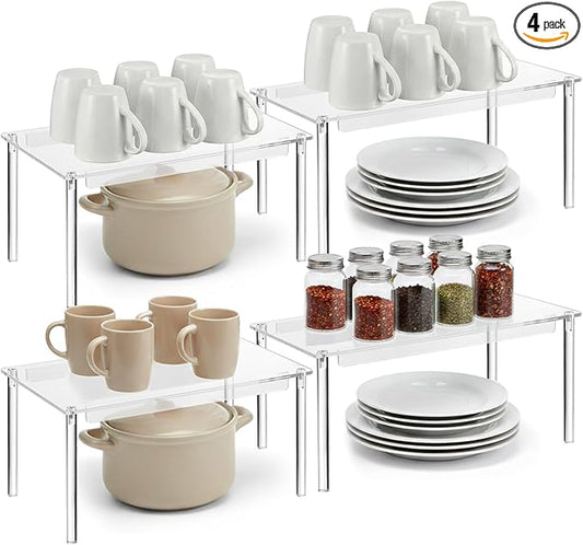 4 Pack Clear Kitchen Cabinet Organizer, Stackable Acrylic Tiered Spice Organization Display Shelf for Cabinet Shelf Desk Countertop Organizer