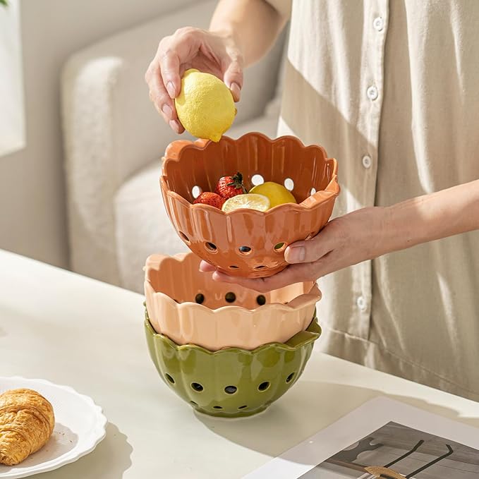 Cute Scallop Edge Ceramic Colander with Handles(7.6"),Round Colorful Berry Basket, Small Fruit Container for Strawberry, Cherry & Kitchen Counter,Cinnamon Orange
