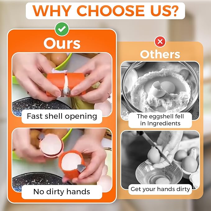Egg Cracker Tool | Easy Shell Egg Opener | Handheld Egg Seperator Tool | Perfect for Baking, Scrambled Eggs & Omelets – No Mess, No Shell Pieces (Yellow/Pink/Orange - 3 Pack)