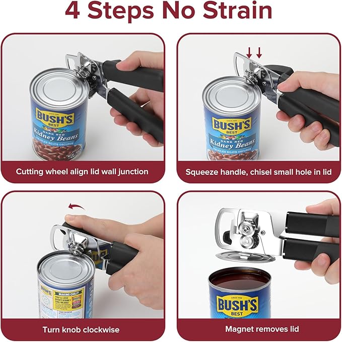 Can Opener Manual with Magnet, Heavy Duty Hand Held Can Opener with Sharp Stainless Steel Blade Easy to Use, Effortless Turn Knob, Soft Comfortable Handle, Built-In Bottle Openers, Black