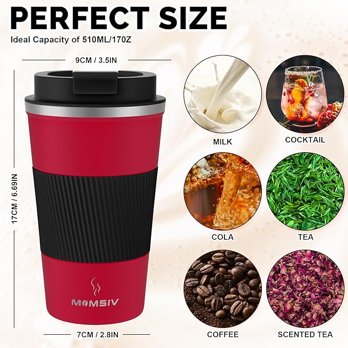 MOMSIV 17oz Travel Mug, Insulated Coffee Cup with Leakproof Lid, Vacuum Stainless Steel Double Walled Reusable Tumbler for Hot and Cold Water Coffee and Tea In Travel and Car