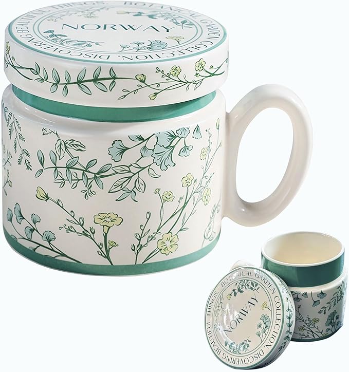 12.9oz Ceramic Coffee Mug with Lid,Flower Patterned Porcelain Mug,Ceramic Tea Cup Coffee Latte Mug for Office and Home,Green,1 Piece