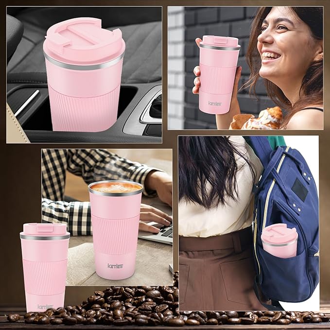 KETIEE 12oz Travel Mug, Insulated Coffee Cup with Leakproof Lid, Travel Coffee Mug Vacuum Stainless Steel Double Walled Reusable Car Tumbler for Hot and Cold Water Tea（Pink）
