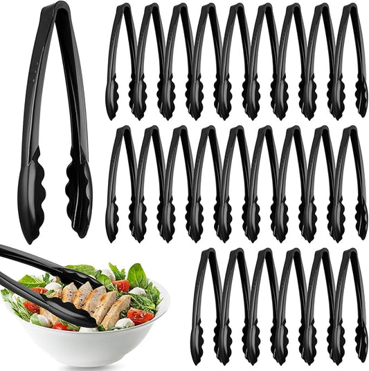 Tessco for you 25 Pcs Plastic Tongs for Serving Bulk, 9 Inch Plastic Disposable Serving Tongs, Heavy Duty Salad Tong for Kitchen, Buffet, BBQ, Events & Catering (Black)