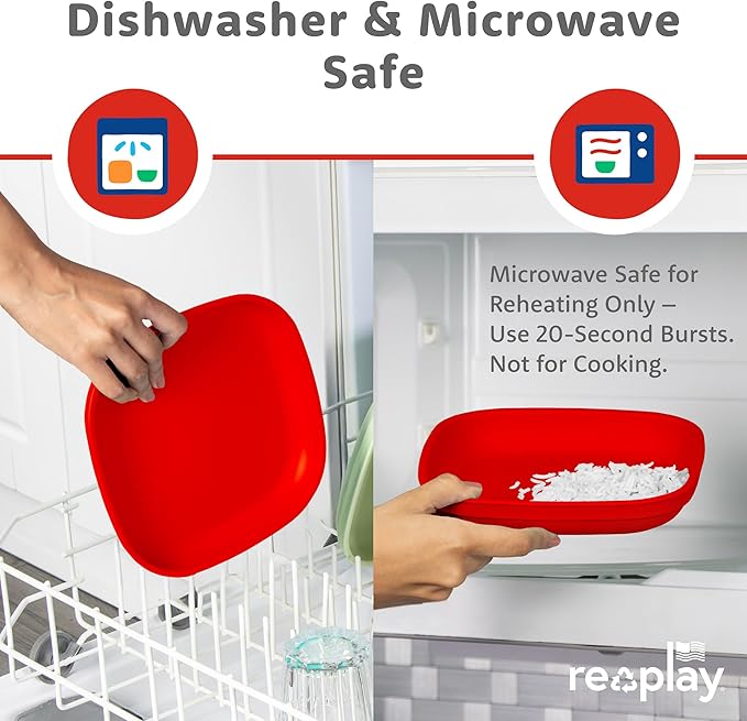 Re-Play Toddler Plates - 22 Oz. Deep-Walled Flat Kids Plates with 1 Lid - Dishwasher & Microwave Safe - Made in USA - Set of 3-7.37" x 7.37" x 1.25" - Preschool
