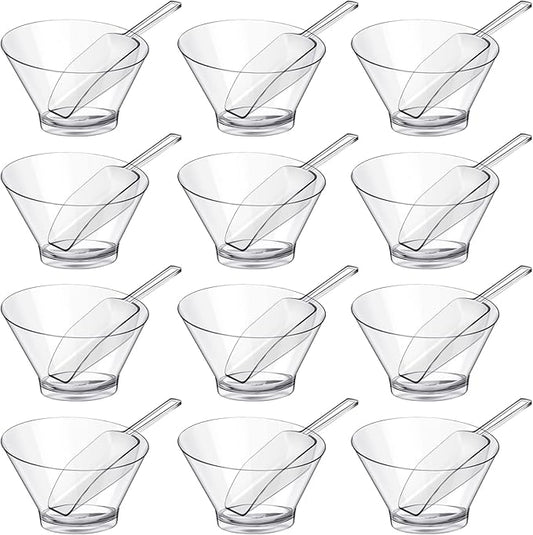 Sawysine 24 Pcs Plastic Clear Serving Bowls with Kitchen Plastic Scoops Salad Serving Bowls Popcorn Scoops Angled Candy Container for Salad Cooking Parties, 210 ml