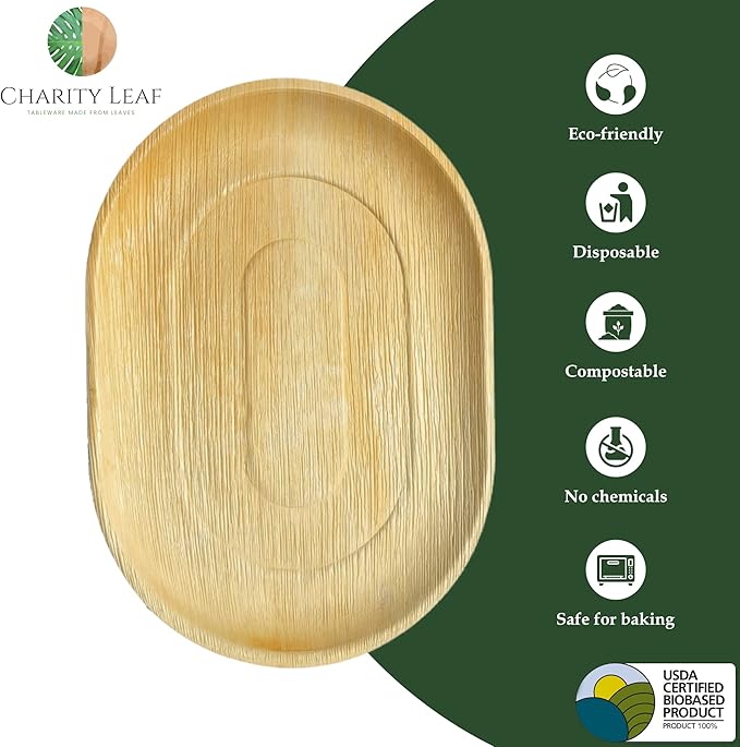 Charity Leaf Disposable Palm Leaf 17" x 12" Trays (25 pieces) Bamboo Like Serving Platters, Disposable Boards, Eco-Friendly Dinnerware For Weddings, Catering, Events