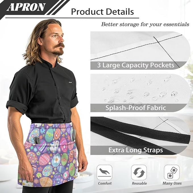 Server Waitress Waist Apron with 3 Pockets, Short Aprons for Servers,Waiter Apron For Waiter Accessories
